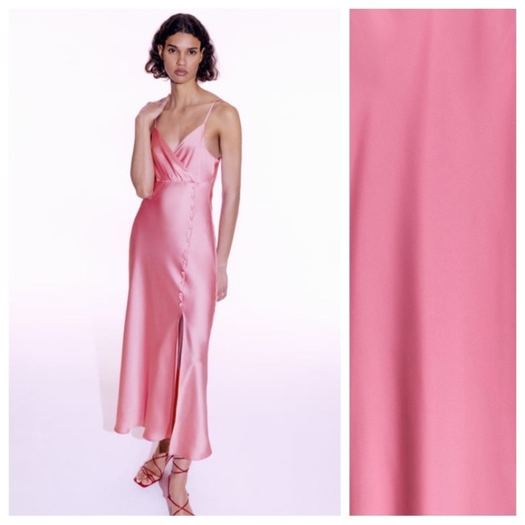 NWT. Zara Pink Satin Effect V-neck Midi Dress. Size S. - Picture 1 of 10